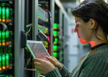 A woman in a data center configuring a server while referencing data on a tablet