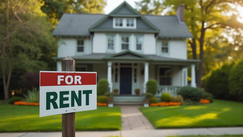 A sign that says FOR RENT is posted in front of a neat old house with a beautiful yard