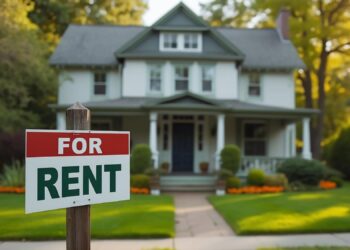 A sign that says FOR RENT is posted in front of a neat old house with a beautiful yard