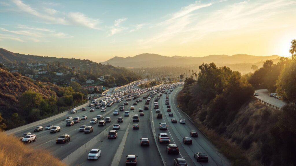 A busy highway stretches through mountains under a beautiful sunset Cars are moving in both directions The scene captures the rush of daily life in a vibrant city AI