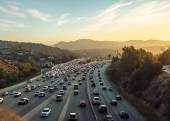A busy highway stretches through mountains under a beautiful sunset Cars are moving in both directions The scene captures the rush of daily life in a vibrant city AI