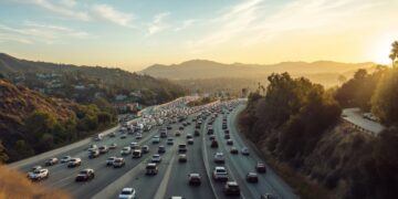 A busy highway stretches through mountains under a beautiful sunset Cars are moving in both directions The scene captures the rush of daily life in a vibrant city AI