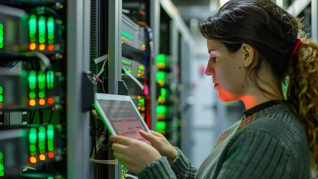 A woman in a data center configuring a server while referencing data on a tablet