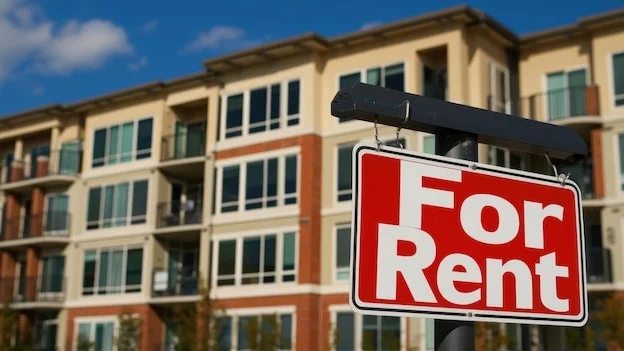 A quotFor Rentquot sign outside a modern apartment building