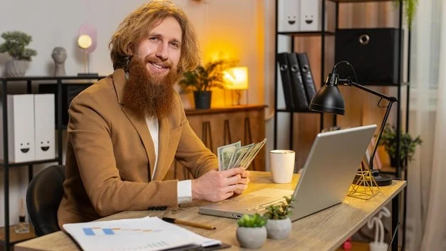 Successful rich businessman counting money cash calculates dividends and using laptop in home office