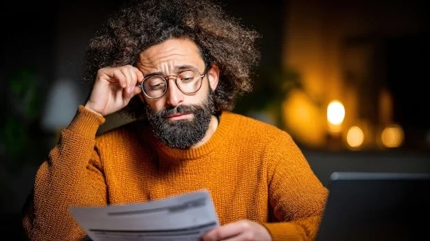 Concerned man with curly hair and beard reviews important paperwork under dim indoor lighting